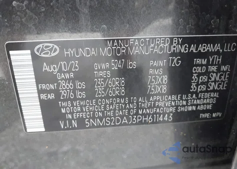 2023 Hyundai Santa Fe Sel из США, поврежденный, VIN 5NMS2DAJ3PH611443